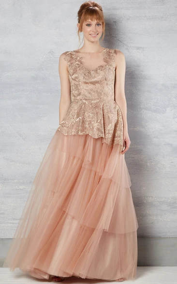 A-Line Floor-Length Appliqued Sleeveless Tulle Wedding Dress With Tiers And Illusion Back