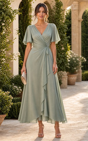 Sage V-neck Flutter Sleeve Chiffon Wrap Dress