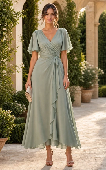 Sage V-neck Flutter Sleeve Chiffon Wrap Dress