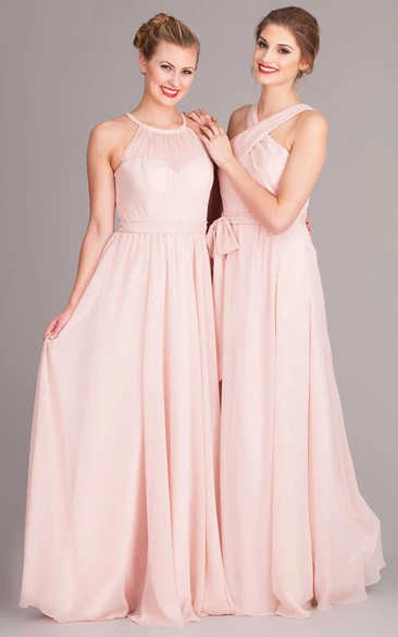 Pleated Scoop Neck Sleeveless Chiffon Bridesmaid Dress With Bow