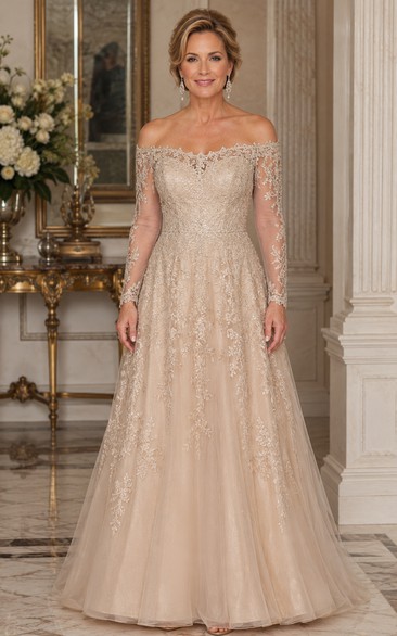 Champagne Off-the-Shoulder Lace Tulle A-Line Mother of the Bride Dress