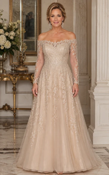 Champagne Off-the-Shoulder Lace Tulle A-Line Mother of the Bride Dress