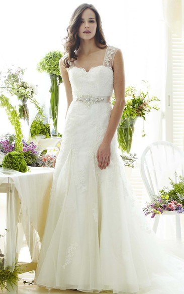 A-Line Appliqued Floor-Length Sleeveless Lace Wedding Dress With Ruffles And Waist Jewellery