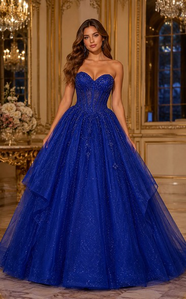 Tulle Prom Dress in Royal Blue, Strapless, Sweetheart Ball Gown Floor-Length Gown with Sequins and Tiers