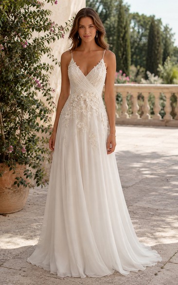 Spaghetti Strap Chiffon A-Line Wedding Dress with Lace Bodice