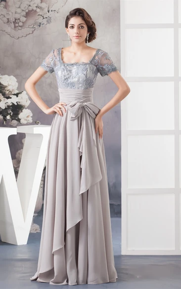 Chiffon Pleated Illusion Caped Sleeve and Gown With Bow