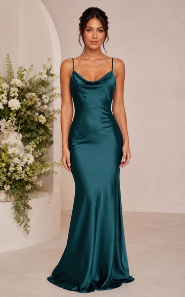 Peacock Cowl Neck Satin Sheath Bridesmaid Dress