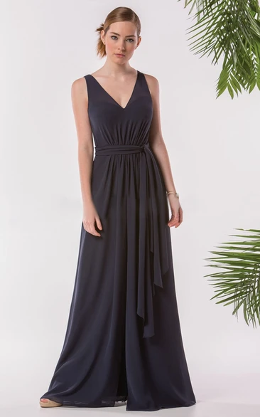 V-Neck Sleeveless A-Line Gown With Pleats And V-Back