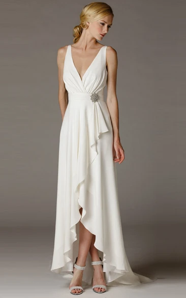 High-Low V-Neck Ruched Draped Chiffon Simple Wedding Dress With Brush Train And V Back