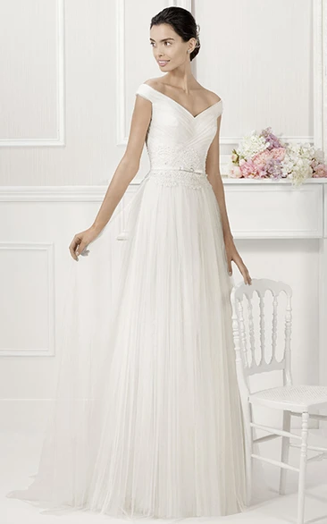 Off Shoulder V-Neck Pleated Tulle Bridal Gown With Belt