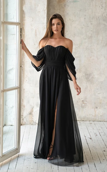 A-Line Off-the-Shoulder Sweetheart neckline Floor-length Chiffon Bridesmaid Dress with Ruching and Split Front