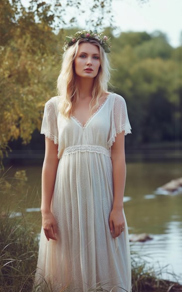 Country Boho Short-sleeve Chiffon Empire V-neck Pleated Wedding Dress