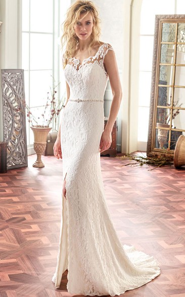 Square Long Split-Front Lace Wedding Dress Styles With Sweep Train And Illusion