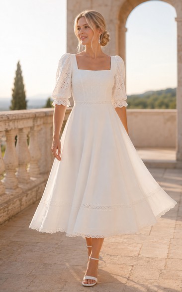 Simple Square Neck Satin Tea-Length Wedding Dress with Straps