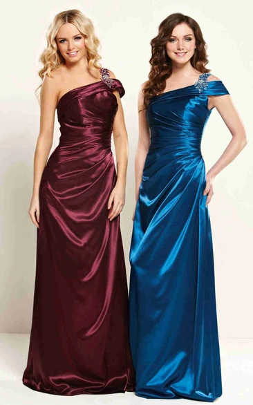 Floor-Length Side-Draped Sleeveless One-Shoulder Satin Bridesmaid Dress