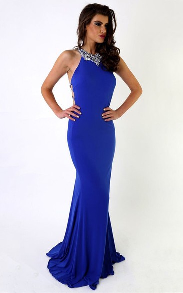 Sheath Floor-Length Sleeveless Beaded Scoop Jersey Prom Dress With Pleats