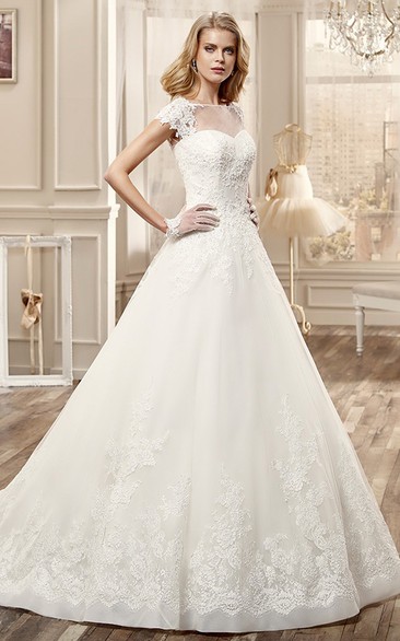 Cap-Sleeve A-Line Wedding Dress With Illusive Neckline And Embroidery