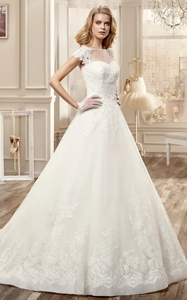 Cap-Sleeve A-Line Wedding Dress With Illusive Neckline And Embroidery