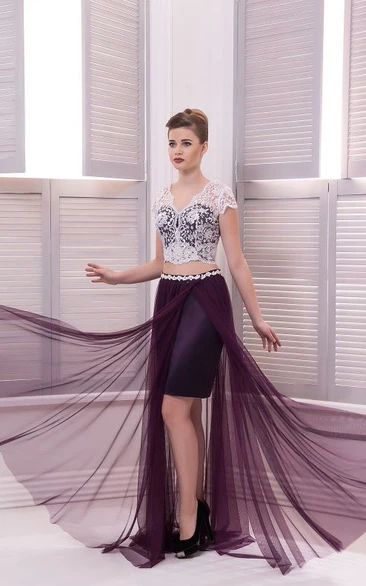 A-Line Floor-Length V-Neck Short Sleeve Chiffon Lace Beading Zipper Dress