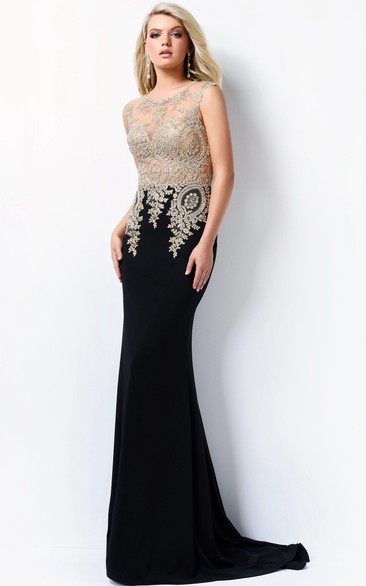 Sheath Long Scoop-Neck Sleeveless Jersey Illusion Dress With Beading