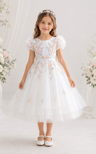 Short Sleeve Floral Embroidered Tulle Flower Girl Dress