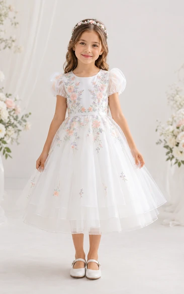 Short Sleeve Floral Embroidered Tulle Flower Girl Dress