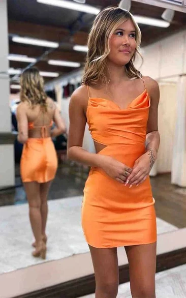 Spaghetti Ruched Pencil Short Cocktail Orange Homecoming Dress