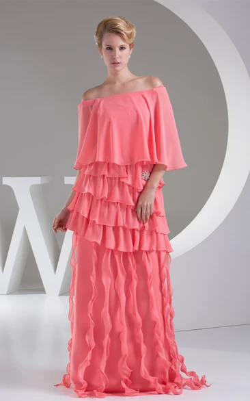 Off-The-Shoulder Floor-Length Chiffon Tiers and Dress With Broach