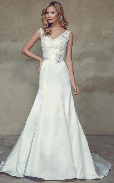 Sheath V-Neck Appliqued Long Sleeveless Satin Wedding Dress With Beading And Deep-V Back