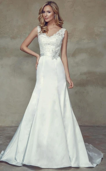 Sheath V-Neck Appliqued Long Sleeveless Satin Wedding Dress With Beading And Deep-V Back