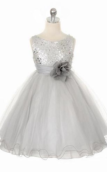 Tea-Length Floral Floral Sequins&Satin Flower Girl Dress With Ribbon