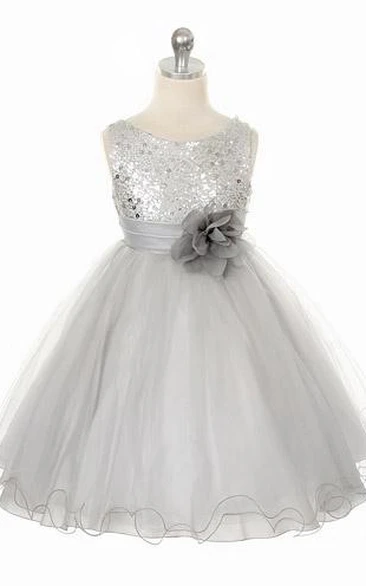 Tea-Length Floral Floral Sequins&Satin Flower Girl Dress With Ribbon
