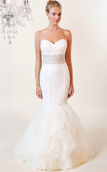 Mermaid Sweetheart Jeweled Tulle Wedding Dress With Criss Cross And Ruffles