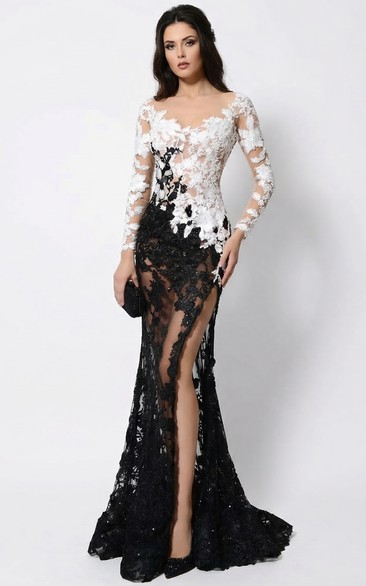 Monochrome Lace Applique Mermaid Prom Gown