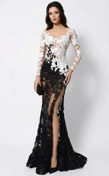 Monochrome Lace Applique Mermaid Prom Gown