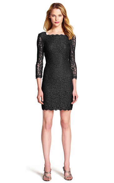 Sheath Short 3-4 Sleeve Bateau Neck Lace Bridesmaid Dress With Low-V Back