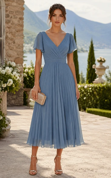 Steel Blue Pleated Chiffon Tea-Length Dress