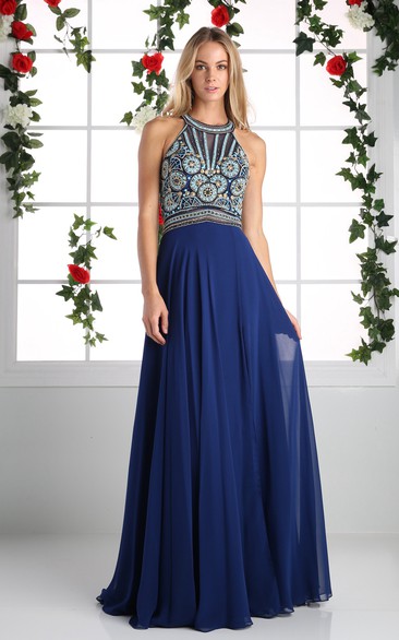 A-Line Long Scoop-Neck Sleeveless Chiffon Straps Dress With Beading And Pleats