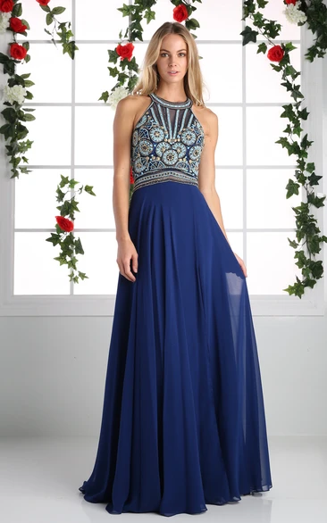 A-Line Long Scoop-Neck Sleeveless Chiffon Straps Dress With Beading And Pleats