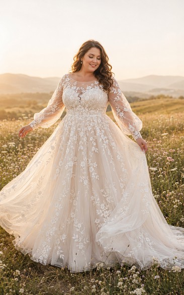 Plus Size Brautkleid in A-Linie mit langen Ärmeln aus Spitze und langer Schleppe
