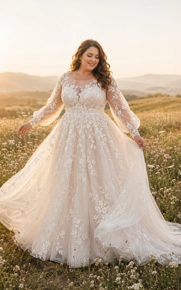Plus Size Brautkleid in A-Linie mit langen Ärmeln aus Spitze und langer Schleppe