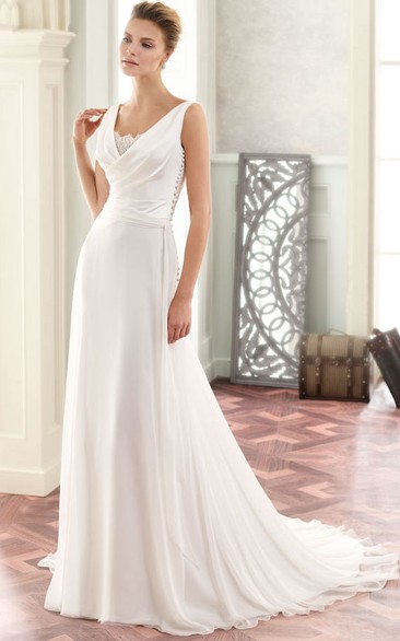Maxi V-Neck Appliqued Chiffon Simple Wedding Dress With Sweep Train And V Back