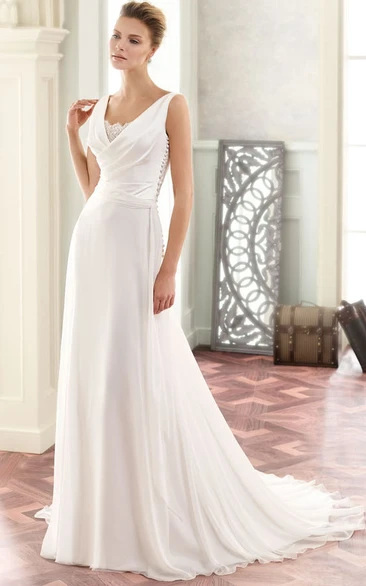 Maxi V-Neck Appliqued Chiffon Simple Wedding Dress With Sweep Train And V Back