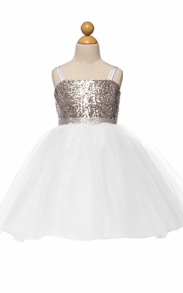 Spaghetti Knee-Length Tulle&Sequins Flower Girl Dress
