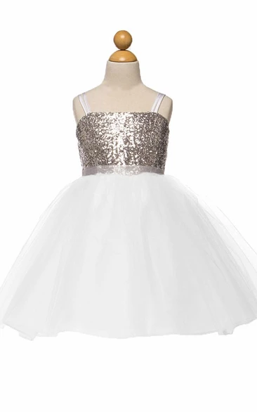 Spaghetti Knee-Length Tulle&Sequins Flower Girl Dress