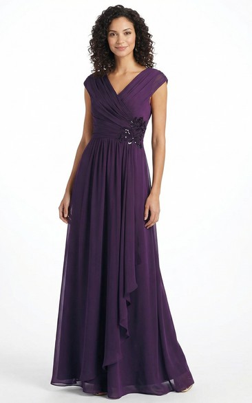 V-Neck A-Line Gown with Side Sequin Ruffles