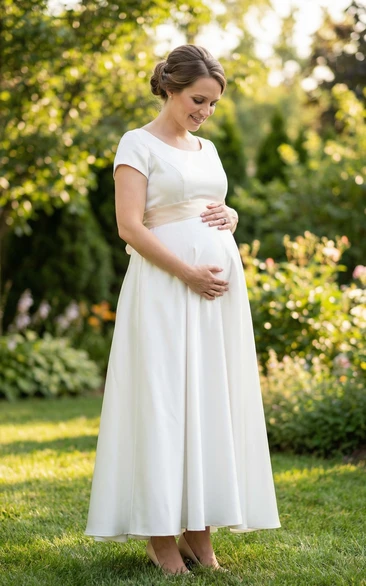 White Short Sleeve Maternity Wedding Dress with Empire Waist