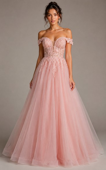 Princess Ball Gown Off-the-Shoulder Short Sleeve Tulle Quinceanera Dress with Appliques