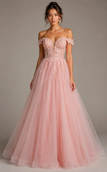 Princess Ball Gown Off-the-Shoulder Short Sleeve Tulle Quinceanera Dress with Appliques
