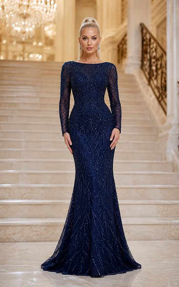 Plus Size Dark Navy Long Sleeve Sequin Mermaid Formal Gown with Bateau Neckline and Sweep Train